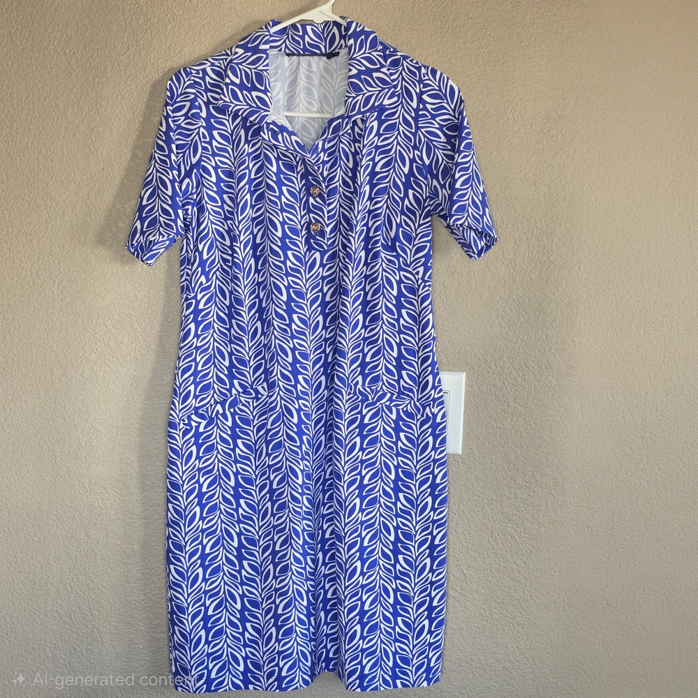 Katherine‎ Way Designer Dress NEW Without Tags Blue & White Leaf Pattern